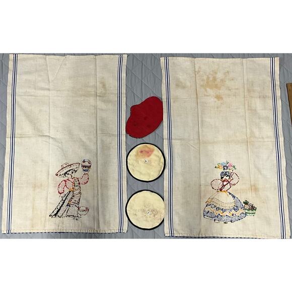 VTG Handmade 5 Pc Set Tea Towels Hot Pads Hand Stitched Southwest Mexcian Themed - Picture 10 of 10